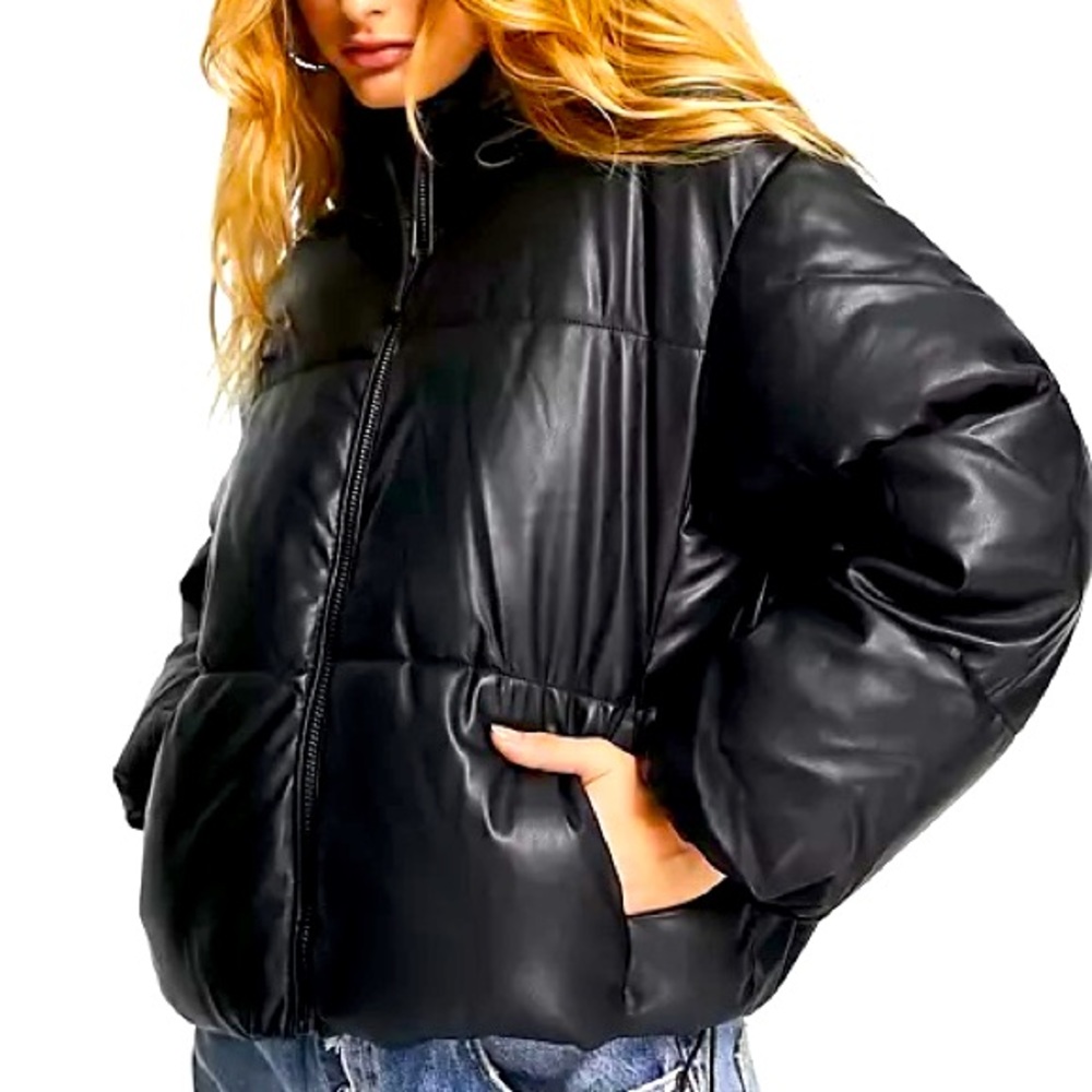 BNWT Bershka Black Vegan Leather Puffer Jacket